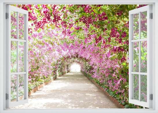 Наклейка на стену - 3D-окно с видом на цветочный туннель, Имитация окна, 130 х 85
