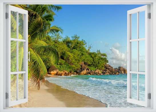 Наклейка на стену - Окно с видом на залитый солнцем пляж в пальмах, Имитация окна, 130 х 85