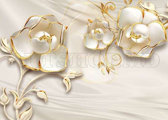 3D Wallpaper - White flowers with gold decorations on silk