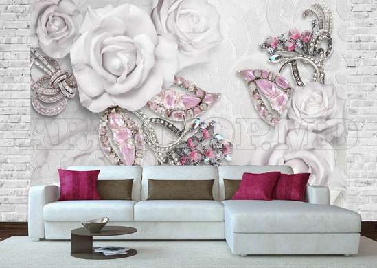 Wall Mural - White roses and gems