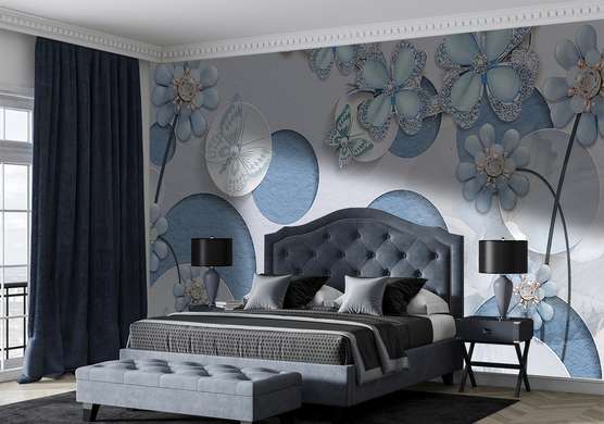 Wall Mural - Blue circles with flowers and butterflies