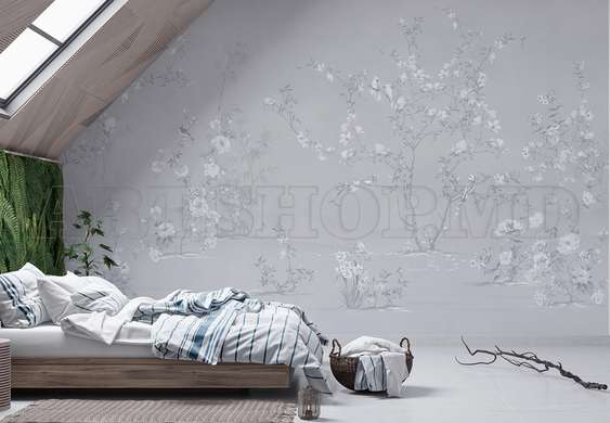 Wall mural - Trees with tender flowers and birds in shades of gray