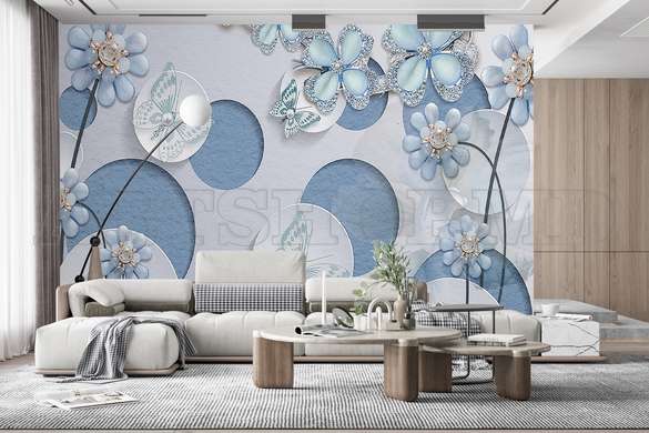 Fototapet - Cercuri albastre cu flori si fluturi
