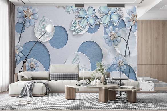 Wall Mural - Blue circles with flowers and butterflies