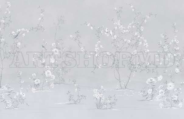 Wall mural - Trees with tender flowers and birds in shades of gray