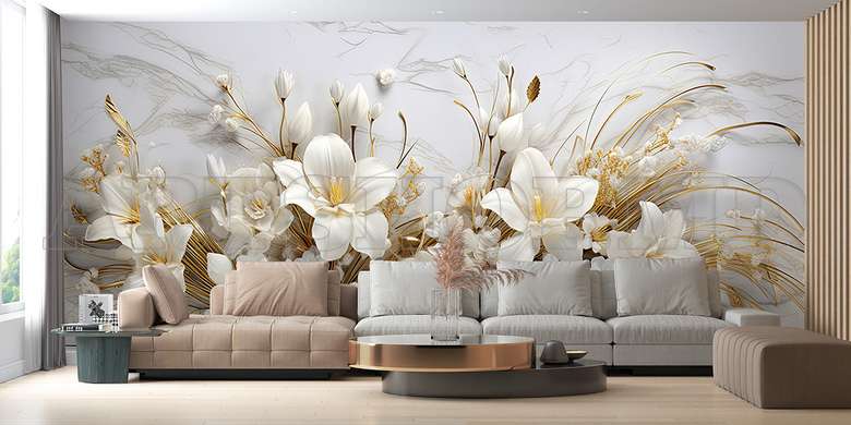 3D Photo Wallpaper- White lilies with golden leaves