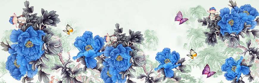 Tablou Pe Panza Multicanvas, Flori albastre pe un fundal cenușiu abstract, 225 x 75