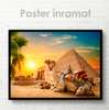 Постер - Египет- Пирамида- Верблюд и закат, 90 x 60 см, Постер на Стекле в раме, Города и Карты