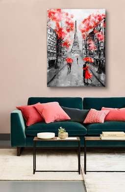 Постер - Красные элементы в черно белом Париже, 60 x 90 см, Постер на Стекле в раме, Города и Карты