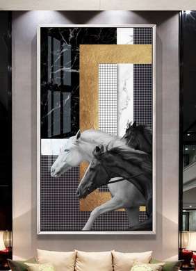 Постер, Бегущие лошади, 30 x 60 см, Холст на подрамнике, Животные