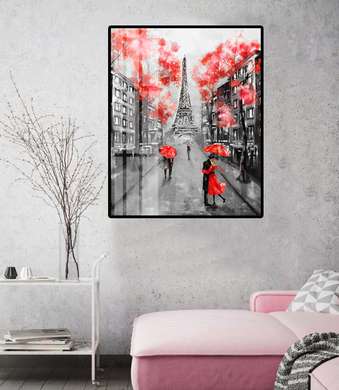 Постер - Красные элементы в черно белом Париже, 30 x 45 см, Холст на подрамнике