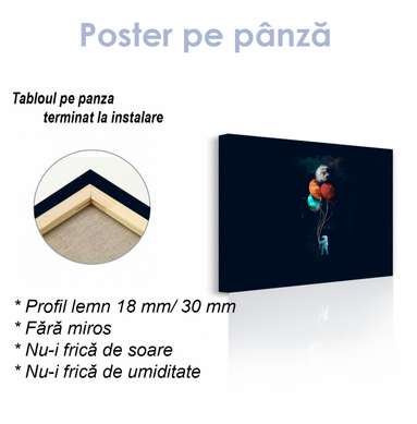 Poster - Astronaut with balloons in black space, 90 x 45 см, Framed poster on glass, Minimalism
