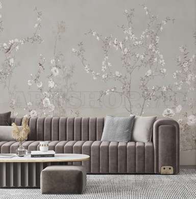 Wall mural - Trees with soft flowers and birds in shades of beige