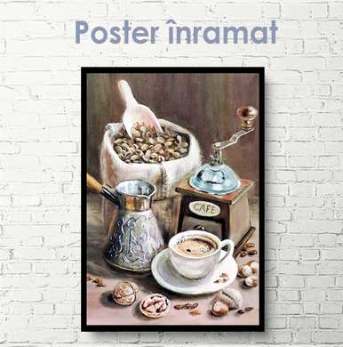 Poster - Coffee set in vintage style, 60 x 90 см, Framed poster on glass, Food and Drinks
