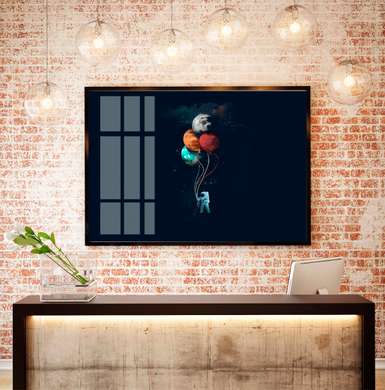 Постер - Космонавт с шариками в черном пространстве, 90 x 45 см, Постер на Стекле в раме, Минимализм