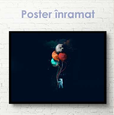 Постер - Космонавт с шариками в черном пространстве, 90 x 45 см, Постер на Стекле в раме, Минимализм