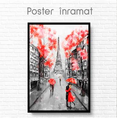 Постер - Красные элементы в черно белом Париже, 60 x 90 см, Постер на Стекле в раме, Города и Карты