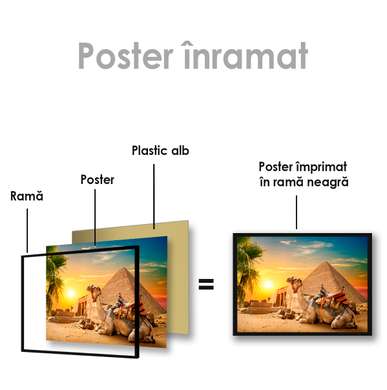 Poster - Egipt - Piramida - Cămilă și apus, 45 x 30 см, Panza pe cadru