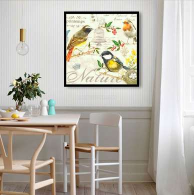 Poster - Păsări galbene pe ramuri, 100 x 100 см, Poster înrămat, Provence