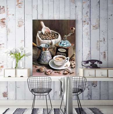 Постер - Кофейный набор в стиле винтаж, 30 x 45 см, Холст на подрамнике, Еда и Напитки