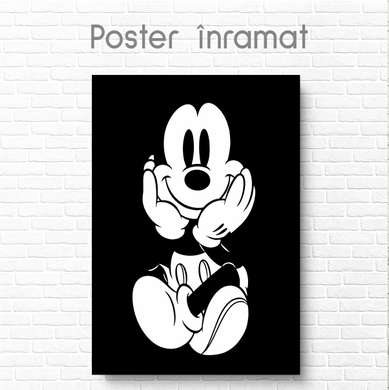 Постер - Черно белый Микки Маус, 60 x 90 см, Постер на Стекле в раме