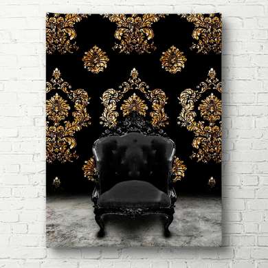 Постер - Черное кресло на фоне обоев, 60 x 90 см, Постер на Стекле в раме