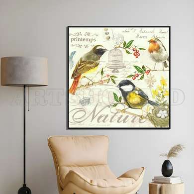 Постер - Желтые птички на веточках, 100 x 100 см, Постер на Стекле в раме, Прованс