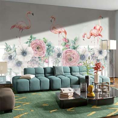 Wall Mural - Flamingos with flowers