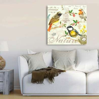 Постер - Желтые птички на веточках, 100 x 100 см, Постер в раме, Прованс