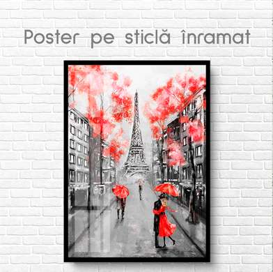 Poster - Red elements in black and white Paris, 60 x 90 см, Framed poster on glass, Maps and Cities