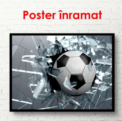Poster - Mingea de fotbal pe un fundal gri, 90 x 60 см, Poster înrămat, Sport