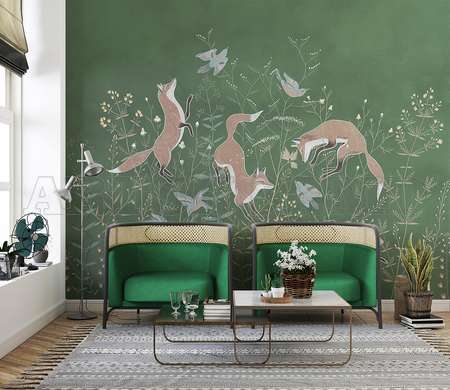 Wall mural - Foxes on a green background