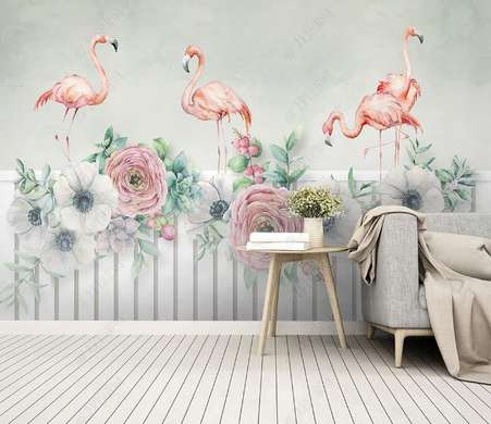Wall Mural - Flamingos with flowers