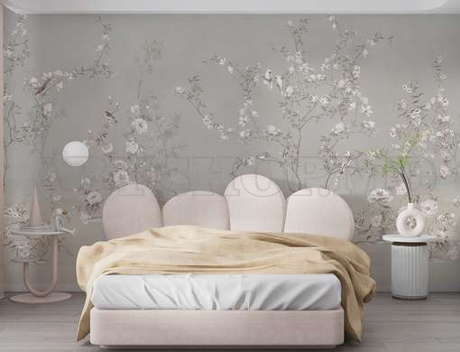 Wall mural - Trees with soft flowers and birds in shades of beige