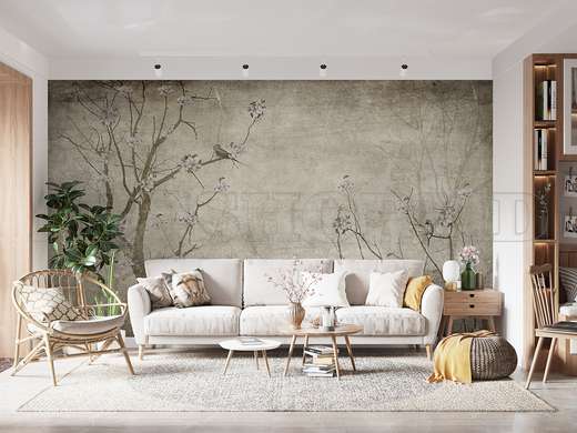 Wall mural - Trees with flowers and birds in pale shades