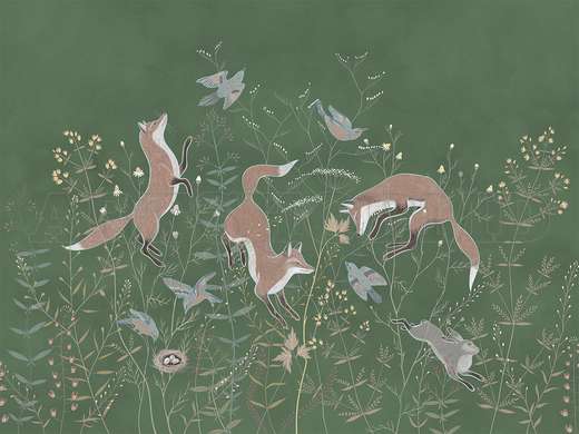 Wall mural - Foxes on a green background