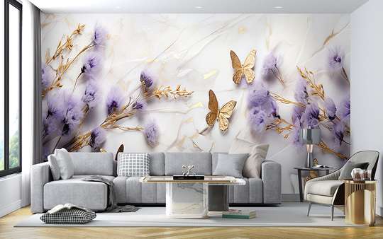 3Д Фотообои- Фиолетовые цветы с золотыми бабочками