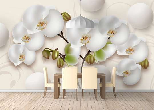 3Д Фотообои - Нежная орхидея с белыми шарами.