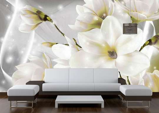 Fototapet - Flori albe pe un fundal de mătase