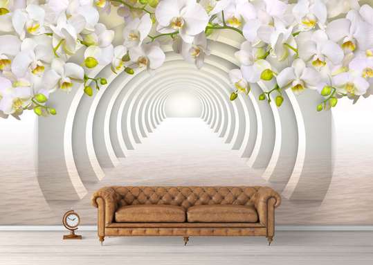 3Д Фотообои - Белая орхидея возле арочного тоннеля в отражении воды