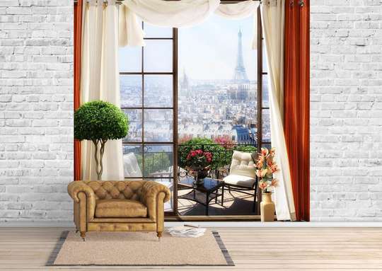 Фотообои - Окно с красными занавесками с видом на Париж.