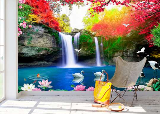 Wall Mural - Autumn landscape with a waterfall and birds