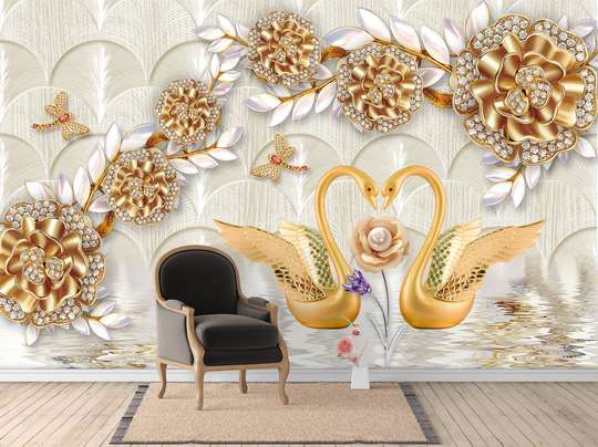 Фотообои - Золотые лебеди и броши в форме цветов
