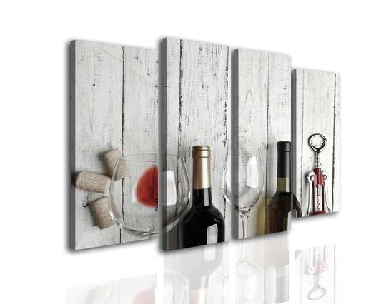 Tablou Pe Panza Multicanvas, Sticle de vin pe un fundal de lemn., 198 x 115