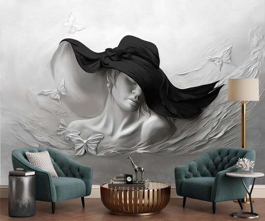 Fototapet 3D - Doamna cu palarie neagra si fluturasi, fundal gri