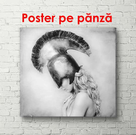 Poster - Girl in a knight's helmet, 40 x 40 см, Canvas on frame, Black & White