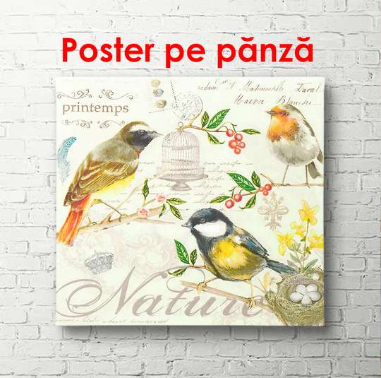 Постер - Желтые птички на веточках, 100 x 100 см, Постер в раме
