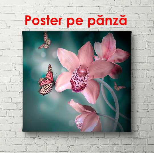 Poster - Delicate pink orchids with a butterfly on a dark background, 90 x 60 см, Framed poster, Flowers