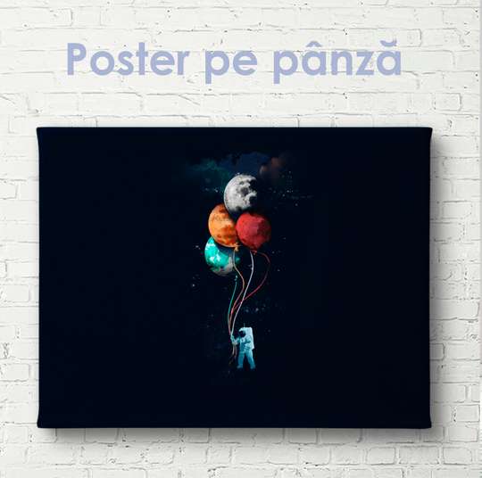 Poster - Astronaut cu baloane în spațiul negru, 60 x 30 см, Panza pe cadru