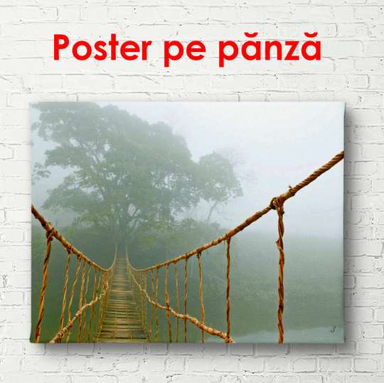 Poster - Wooden bridge along the foggy forest, 90 x 60 см, Framed poster